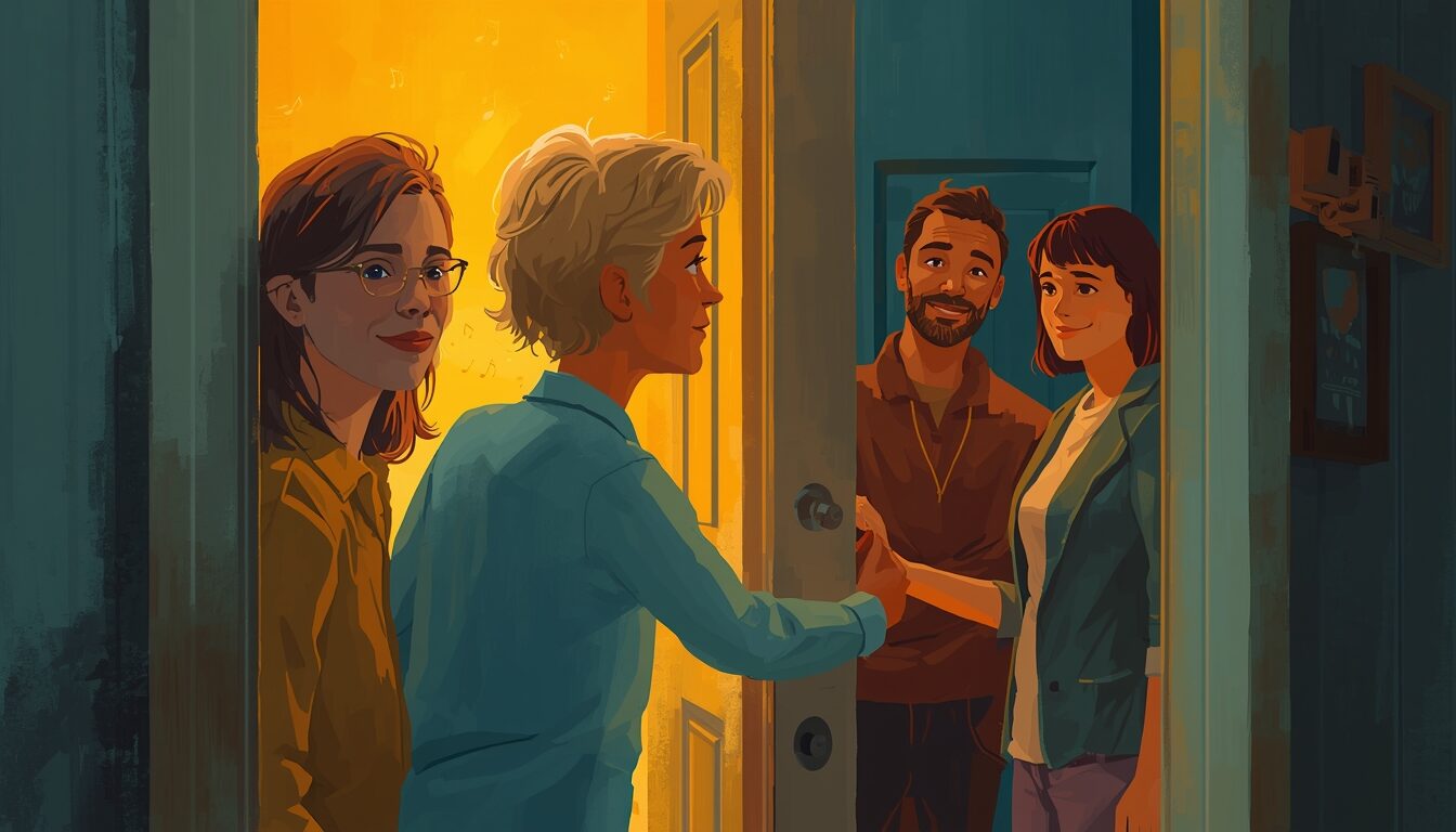 Painted scene of two people having a direct, friendly conversation