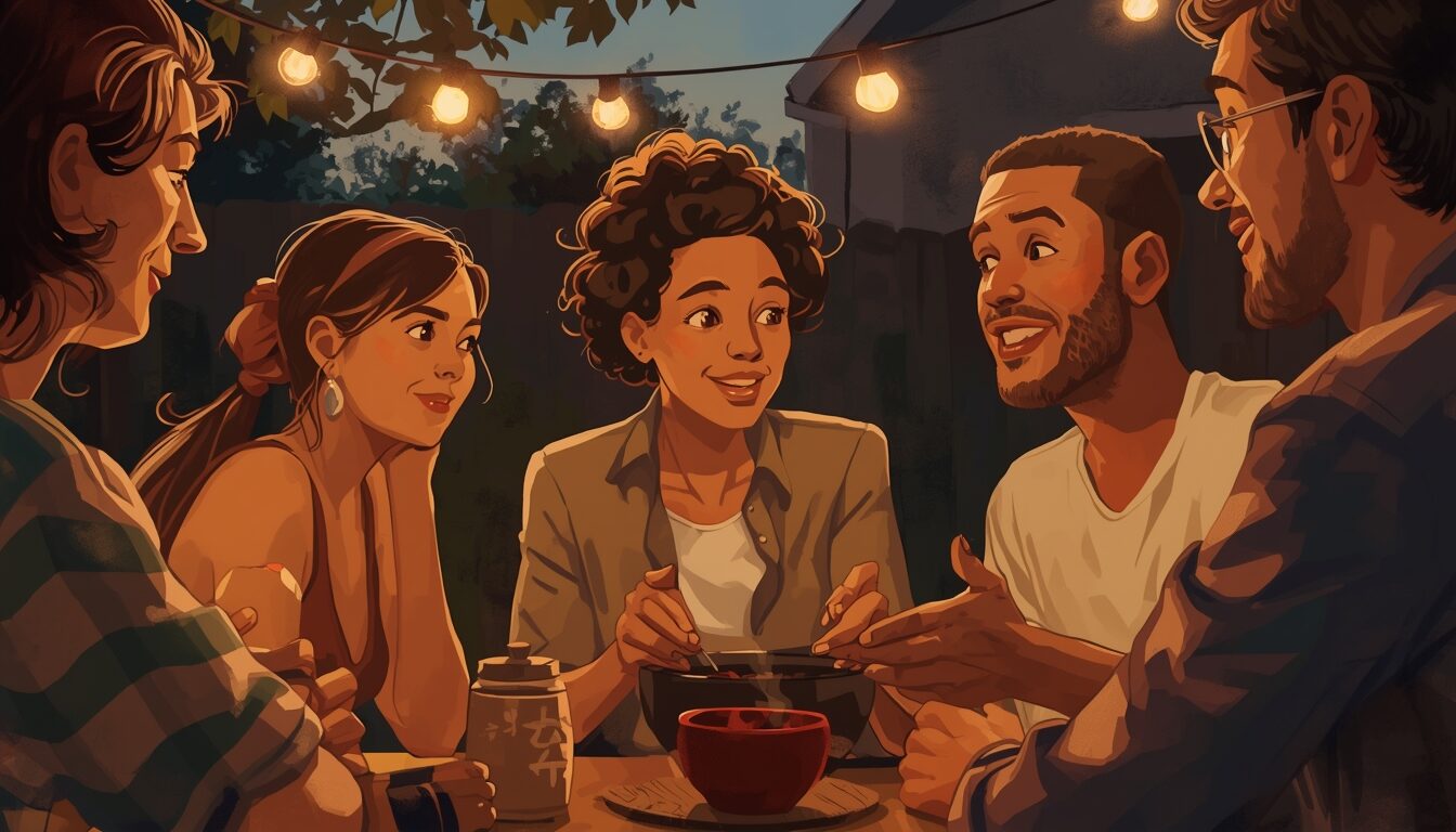 Painted scene of guests at a dusk barbecue, one leaning in to listen
