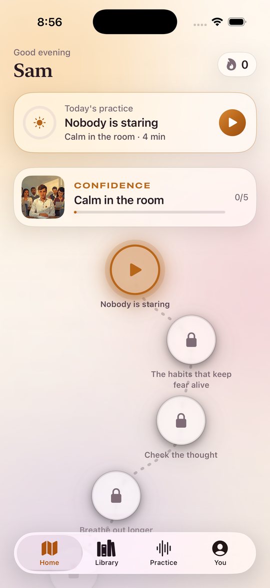 Home screen with today's practice and the lesson path